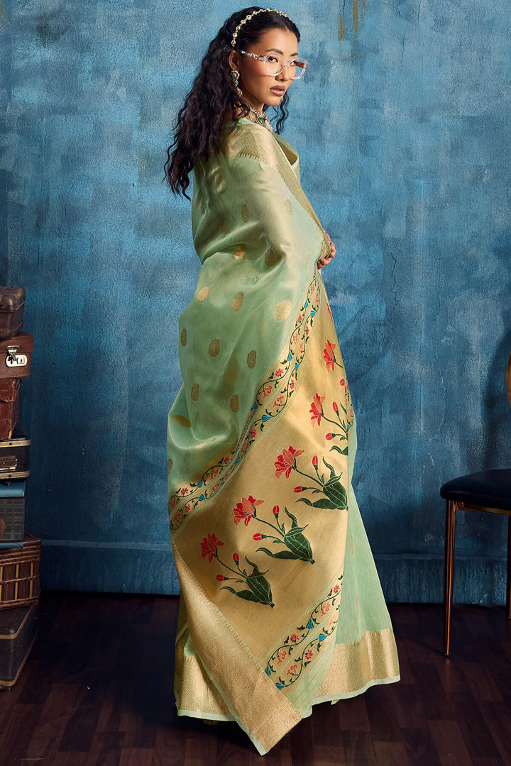 Faded Green Paithani Tissue Silk Saree