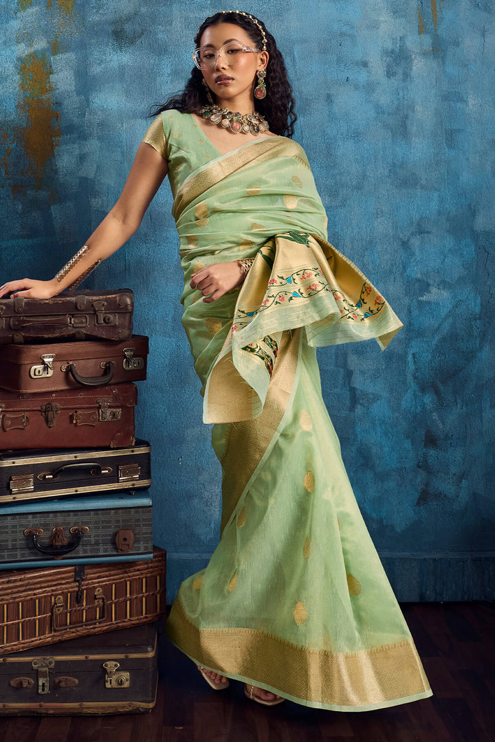Faded Green Paithani Tissue Silk Saree