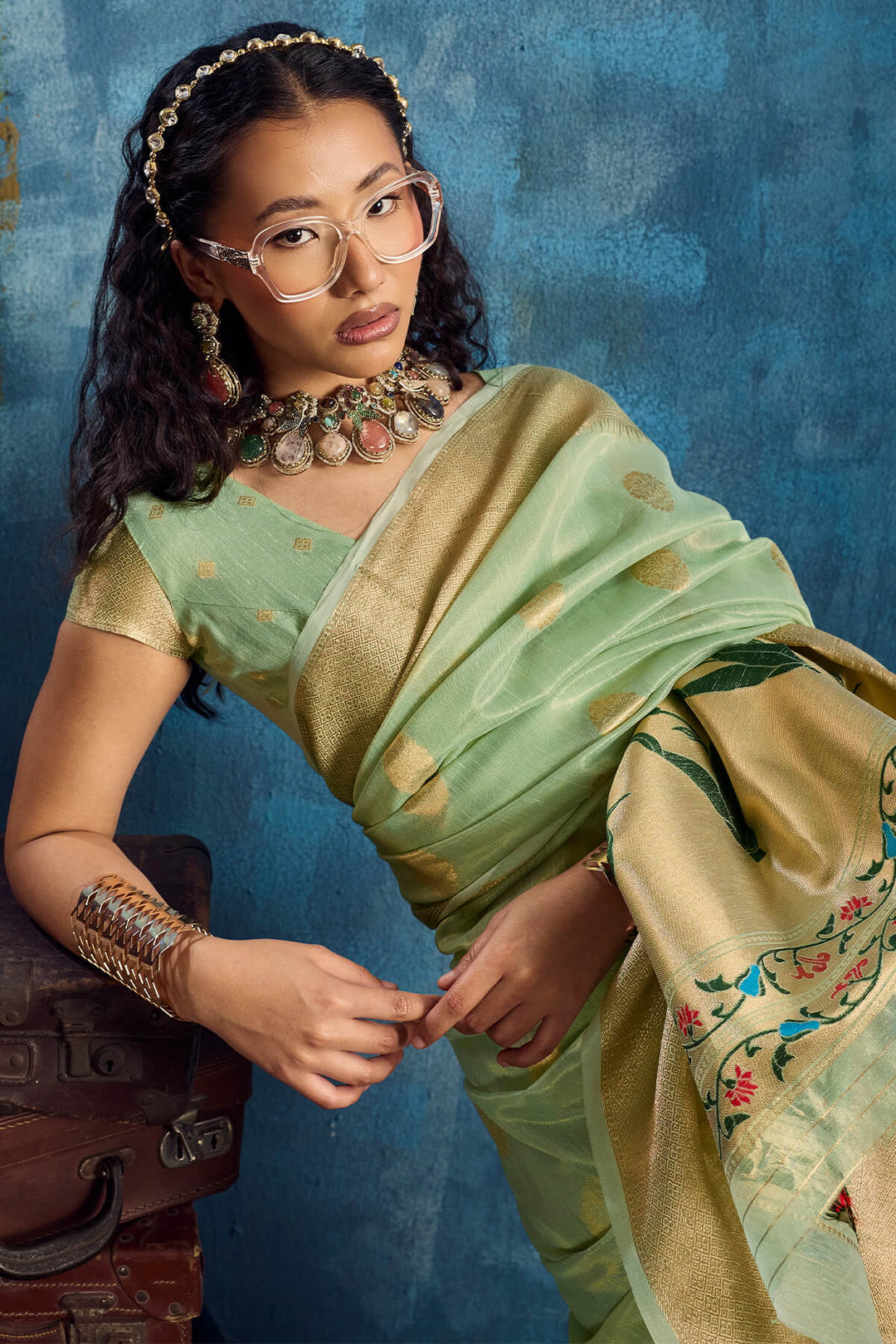 Faded Green Paithani Tissue Silk Saree