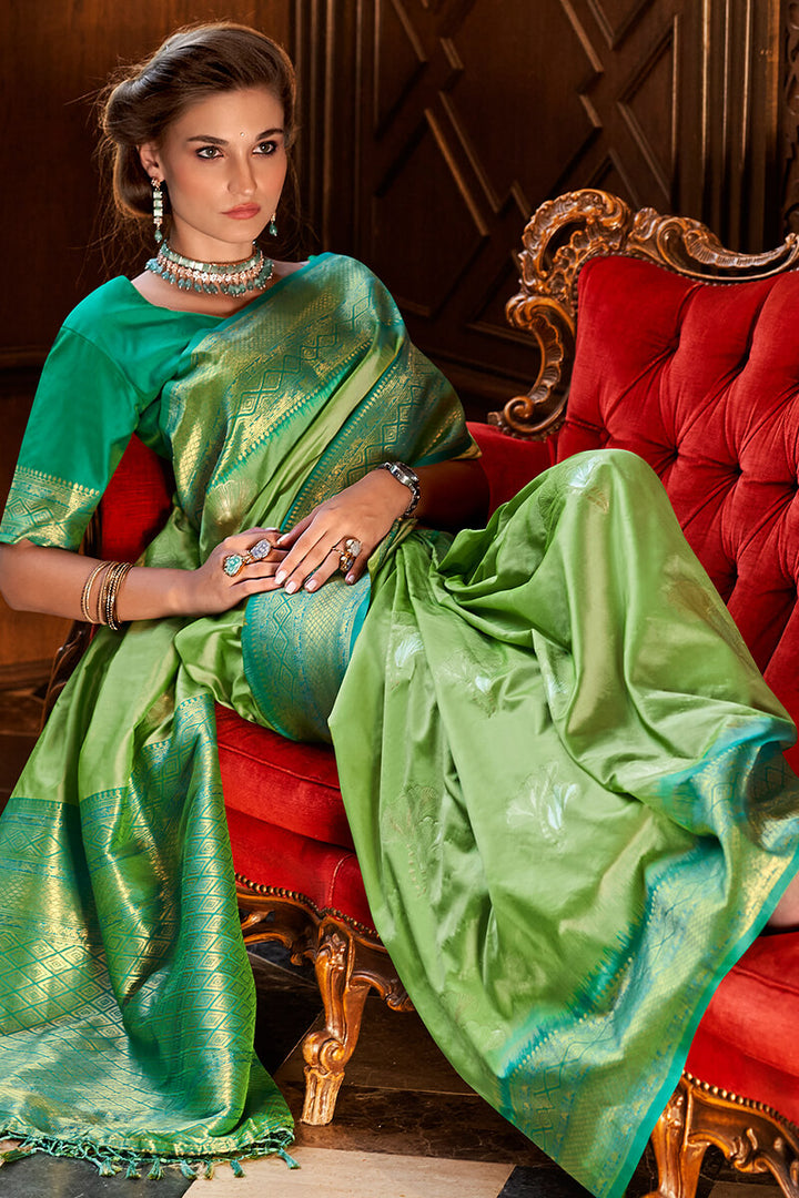 Faded Green Soft Banarasi Silk Saree