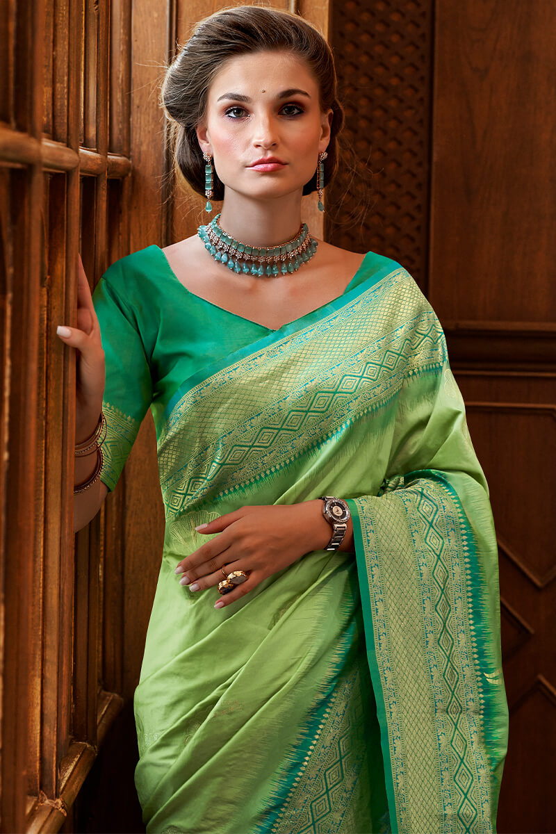 Faded Green Soft Banarasi Silk Saree