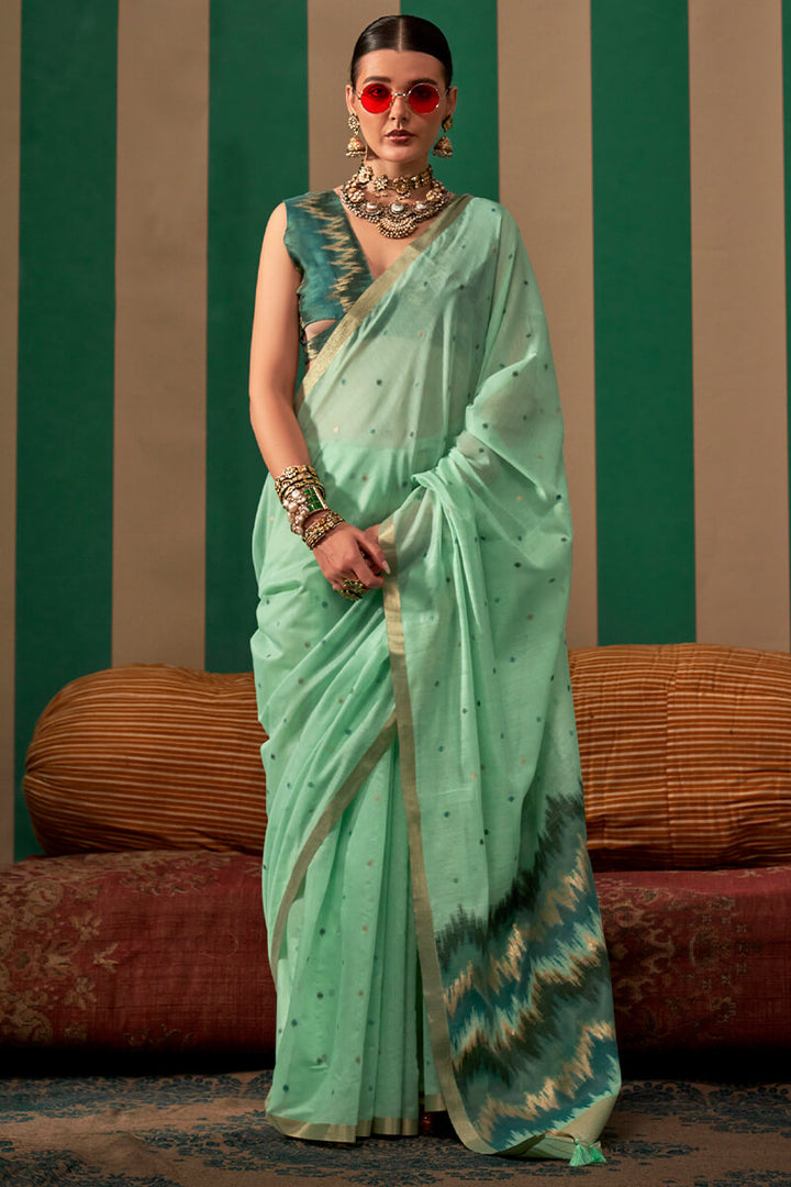 Faded Green Woven Cotton Silk Saree