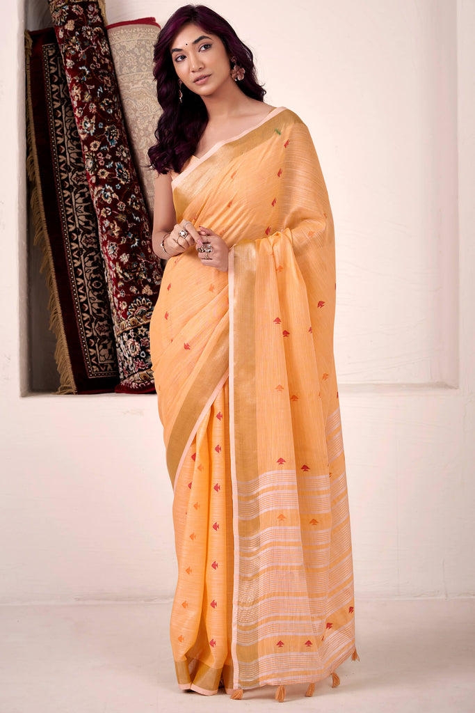 Faded Orange Linen Cotton Silk Saree