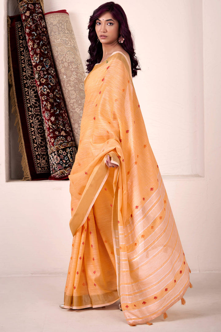 Faded Orange Linen Cotton Silk Saree