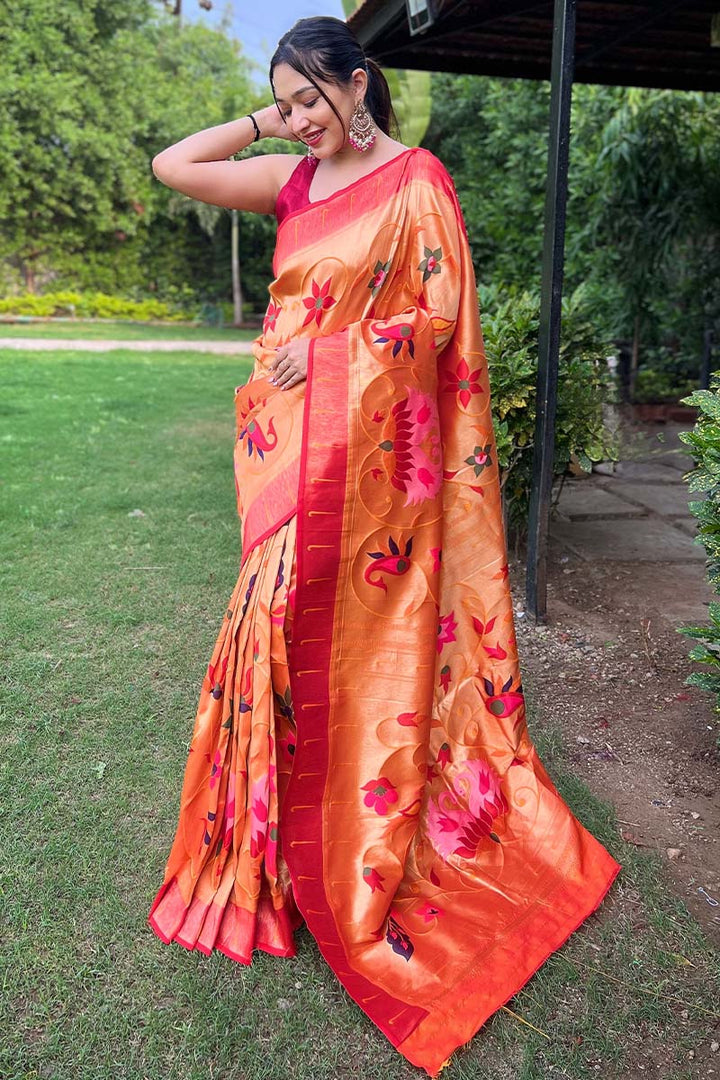 Faded Orange Zari Woven Paithani Silk Saree