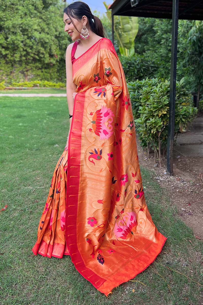 Faded Orange Zari Woven Paithani Silk Saree