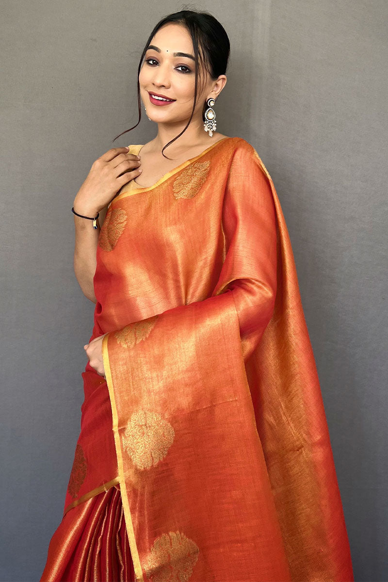 Faded Orange Zari Woven Tissue silk Saree