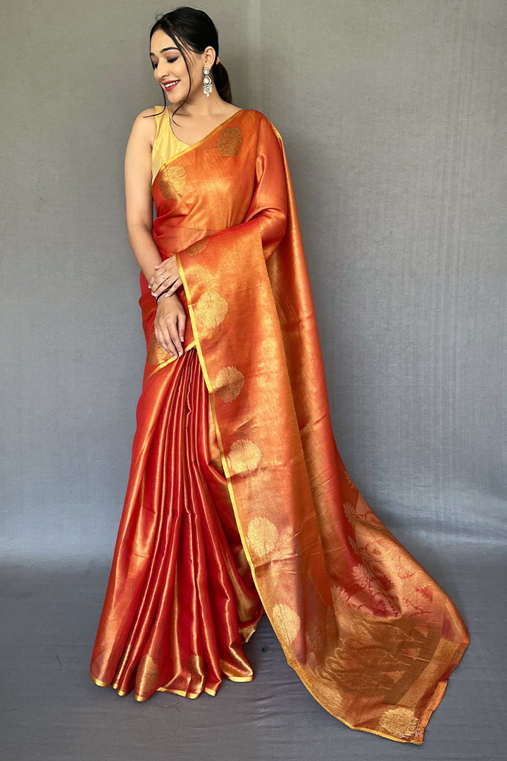 Faded Orange Zari Woven Tissue silk Saree