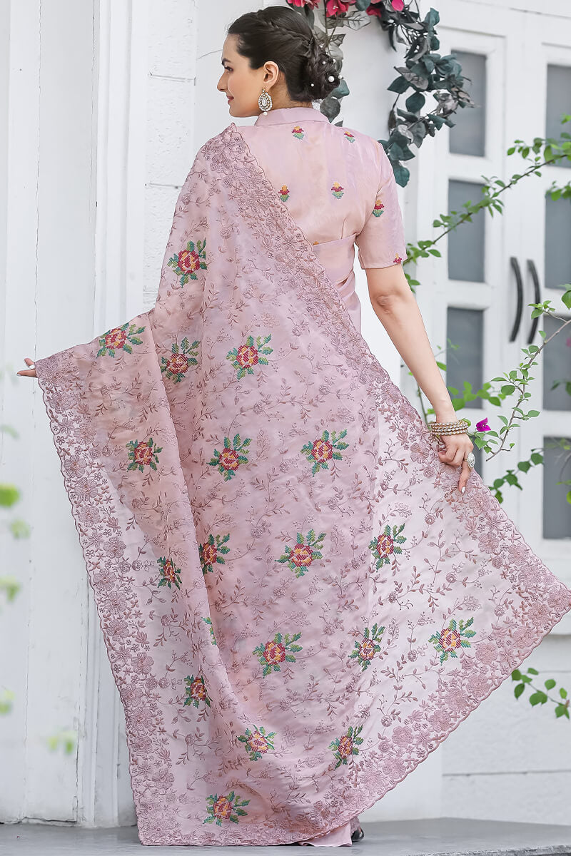 Faded Pink Emboroidey Worked Chiffon Saree