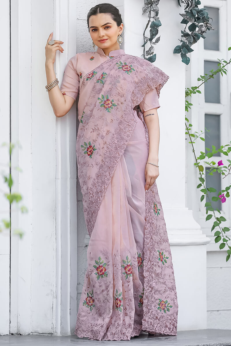 Faded Pink Emboroidey Worked Chiffon Saree