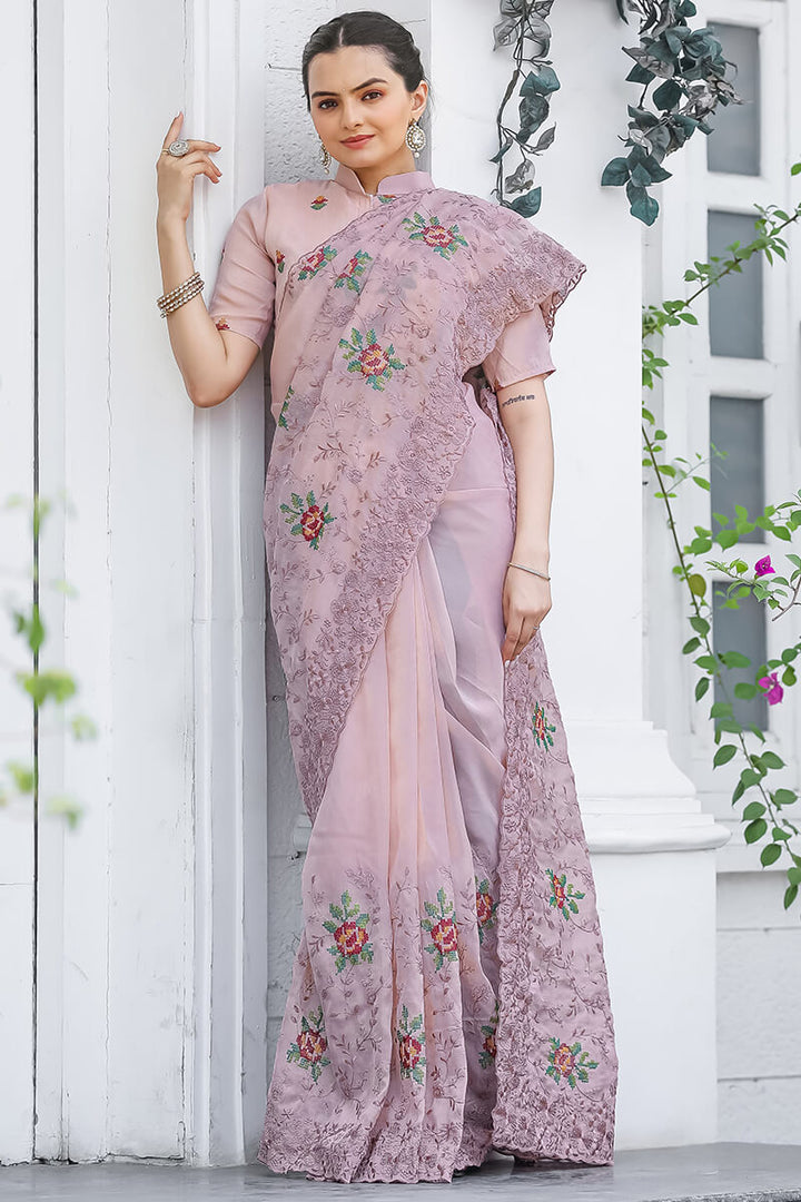 Faded Pink Emboroidey Worked Chiffon Saree