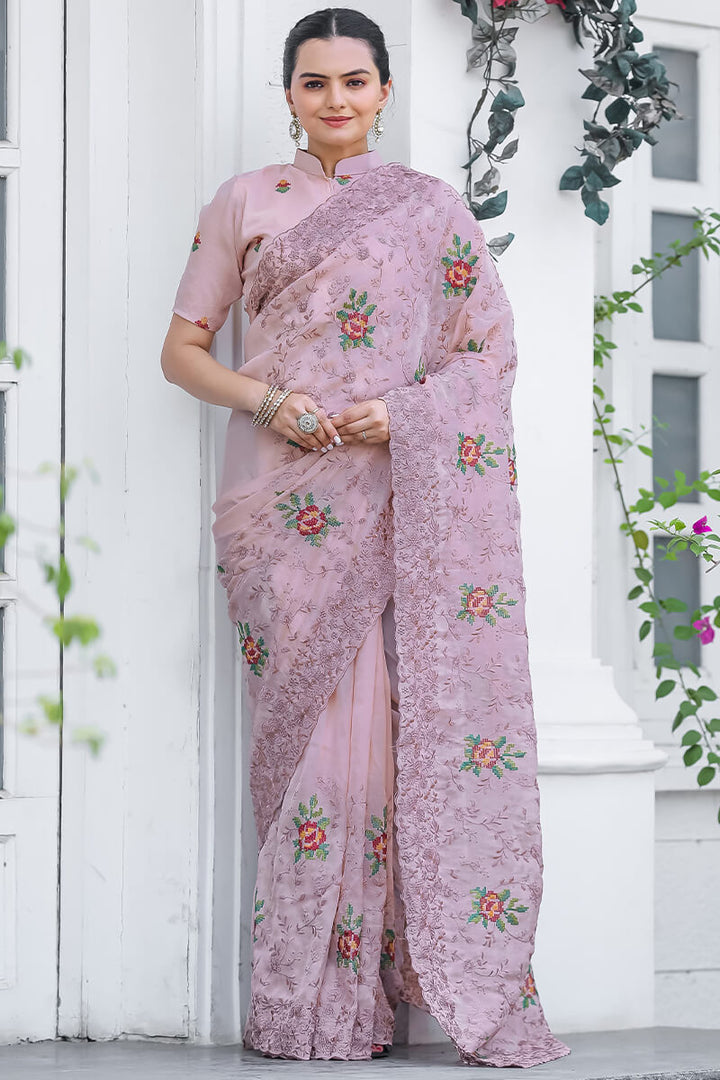 Faded Pink Emboroidey Worked Chiffon Saree