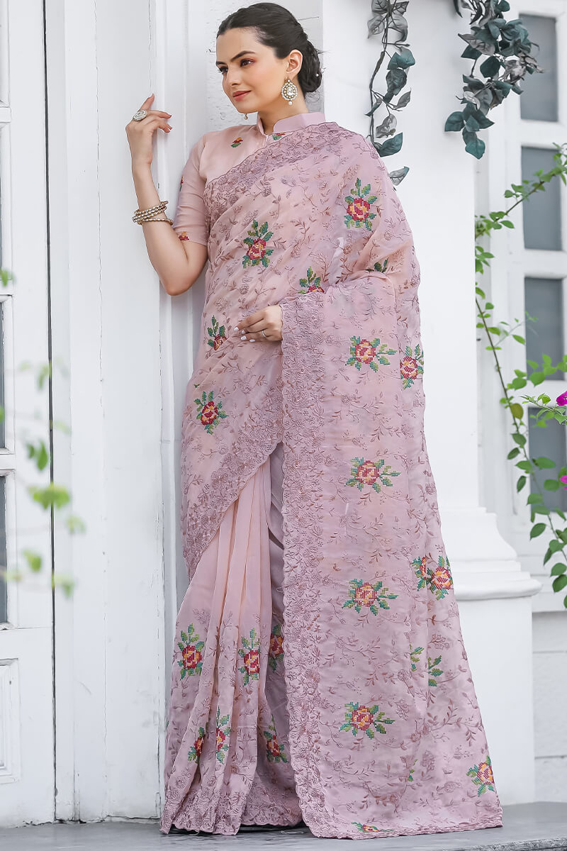 Faded Pink Emboroidey Worked Chiffon Saree