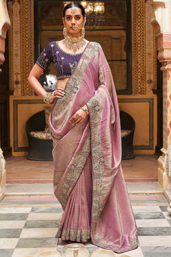 Faded Pink Embroidery Work Tissue Silk Saree
