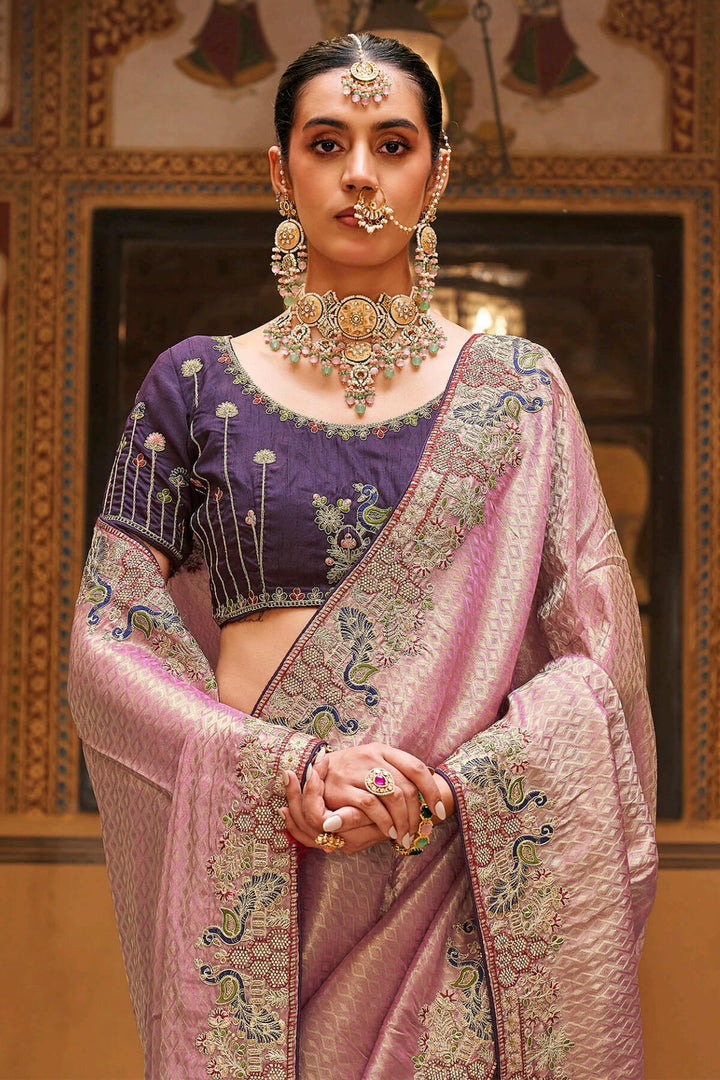 Faded Pink Embroidery Work Tissue Silk Saree