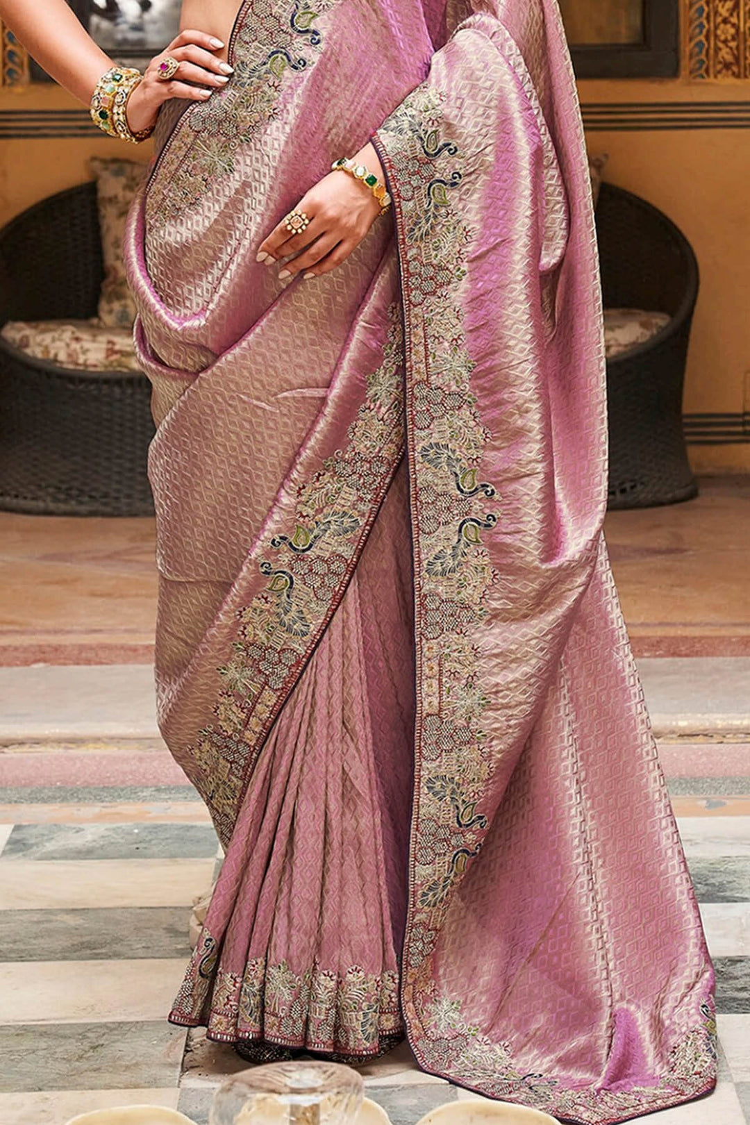 Faded Pink Embroidery Work Tissue Silk Saree