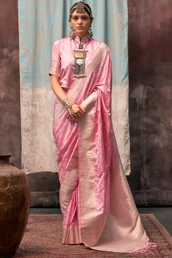 Faded Pink Handloom Banarasi Satin Silk Saree