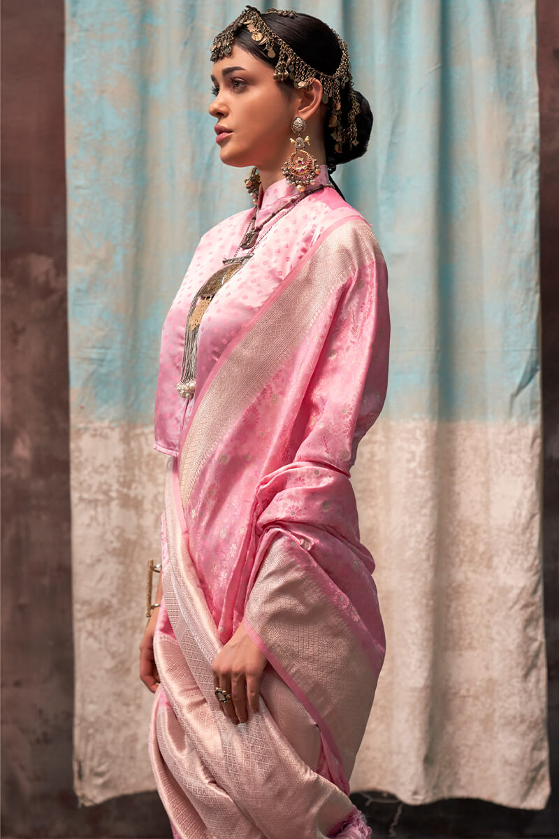 Faded Pink Handloom Banarasi Satin Silk Saree