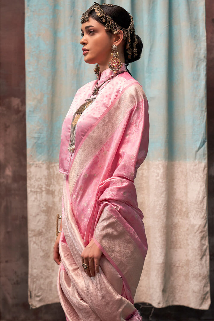 Faded Pink Handloom Banarasi Satin Silk Saree