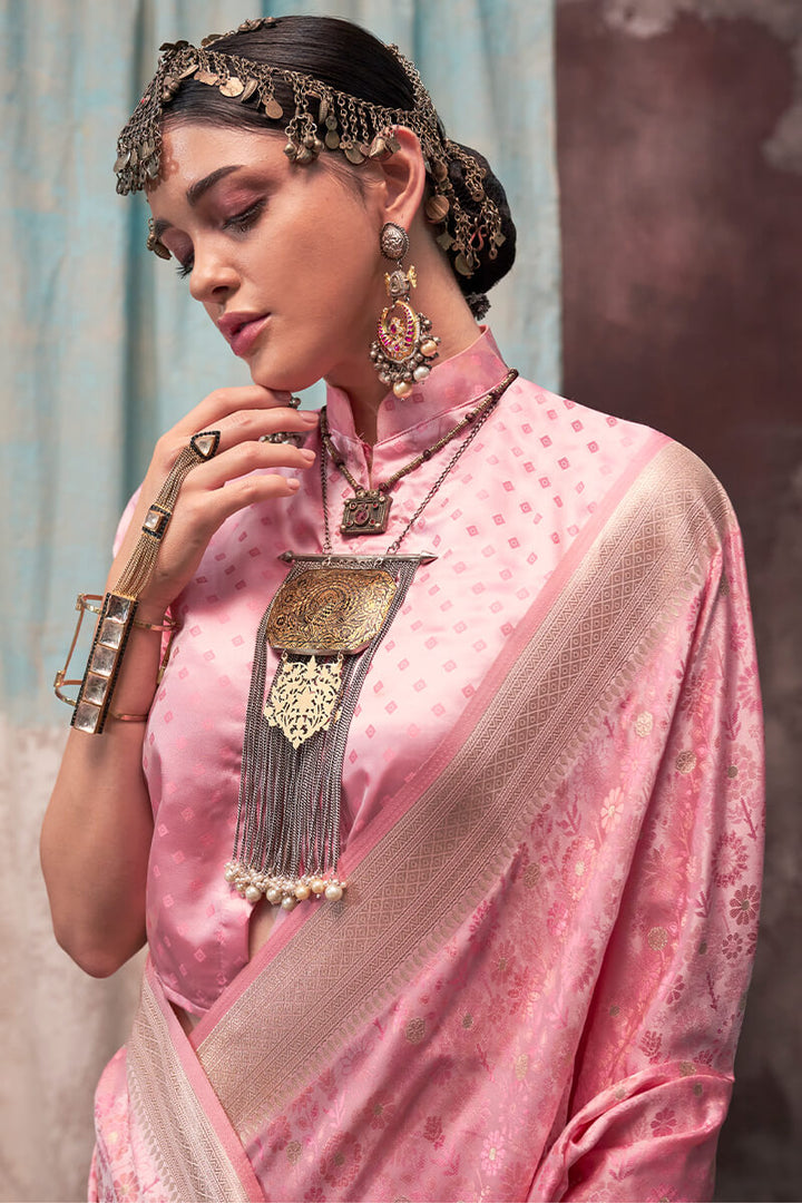 Faded Pink Handloom Banarasi Satin Silk Saree