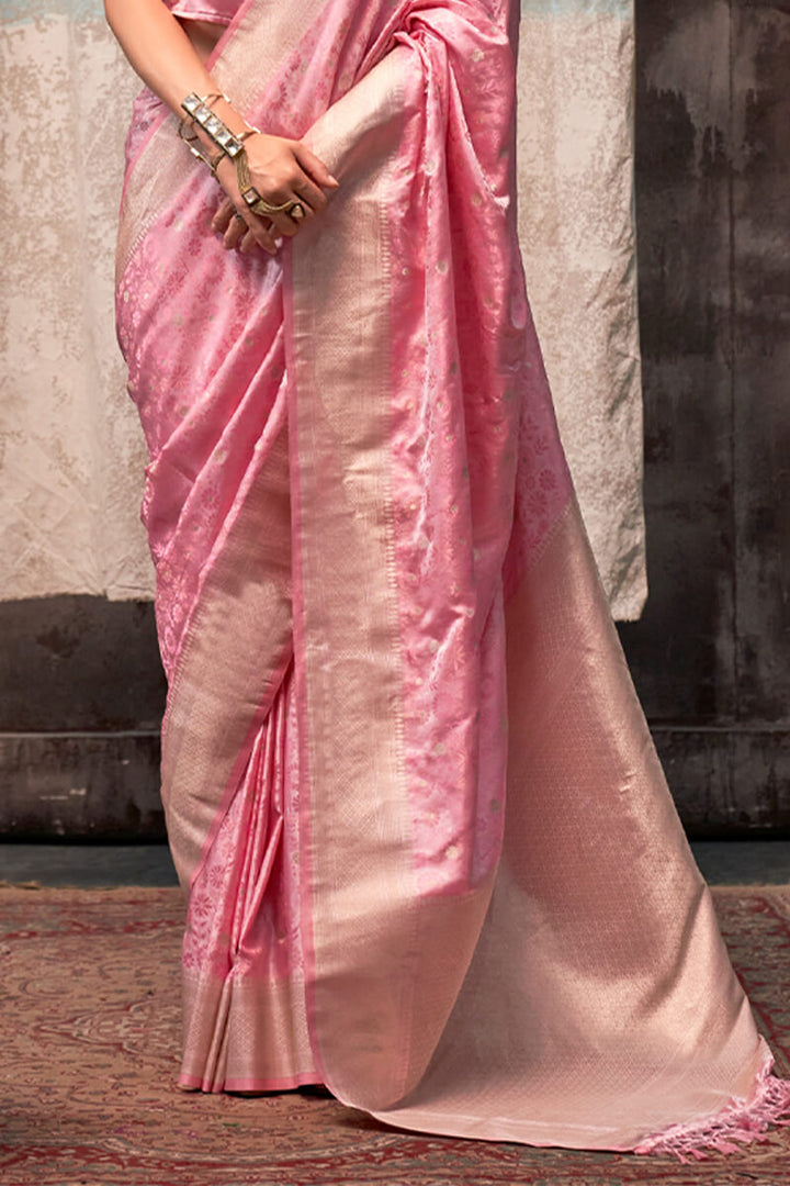 Faded Pink Handloom Banarasi Satin Silk Saree