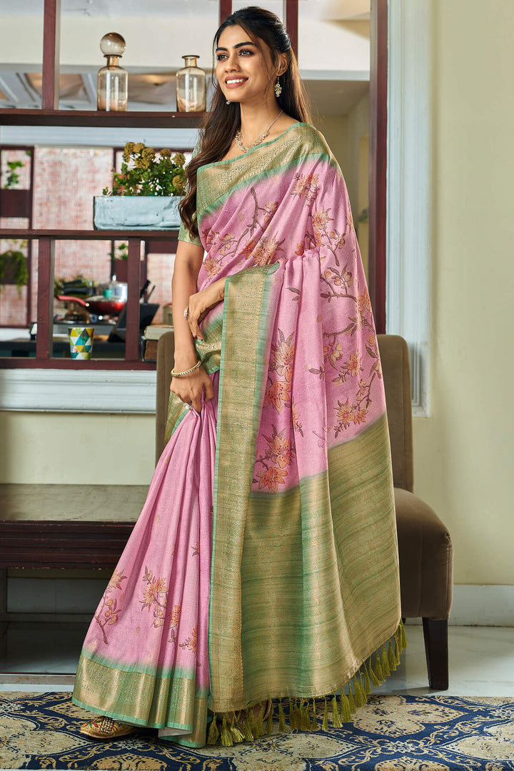 Faded Pink Handloom Woven Digital Printed Soft Silk Saree