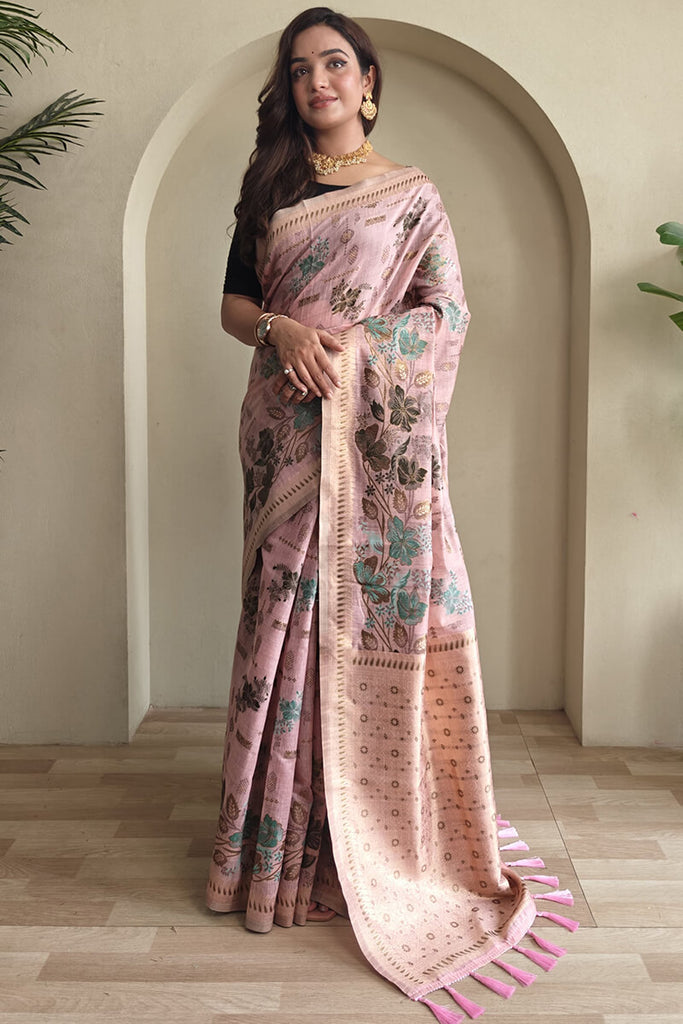 Faded Pink Jamdani Woven Cotton Silk Saree