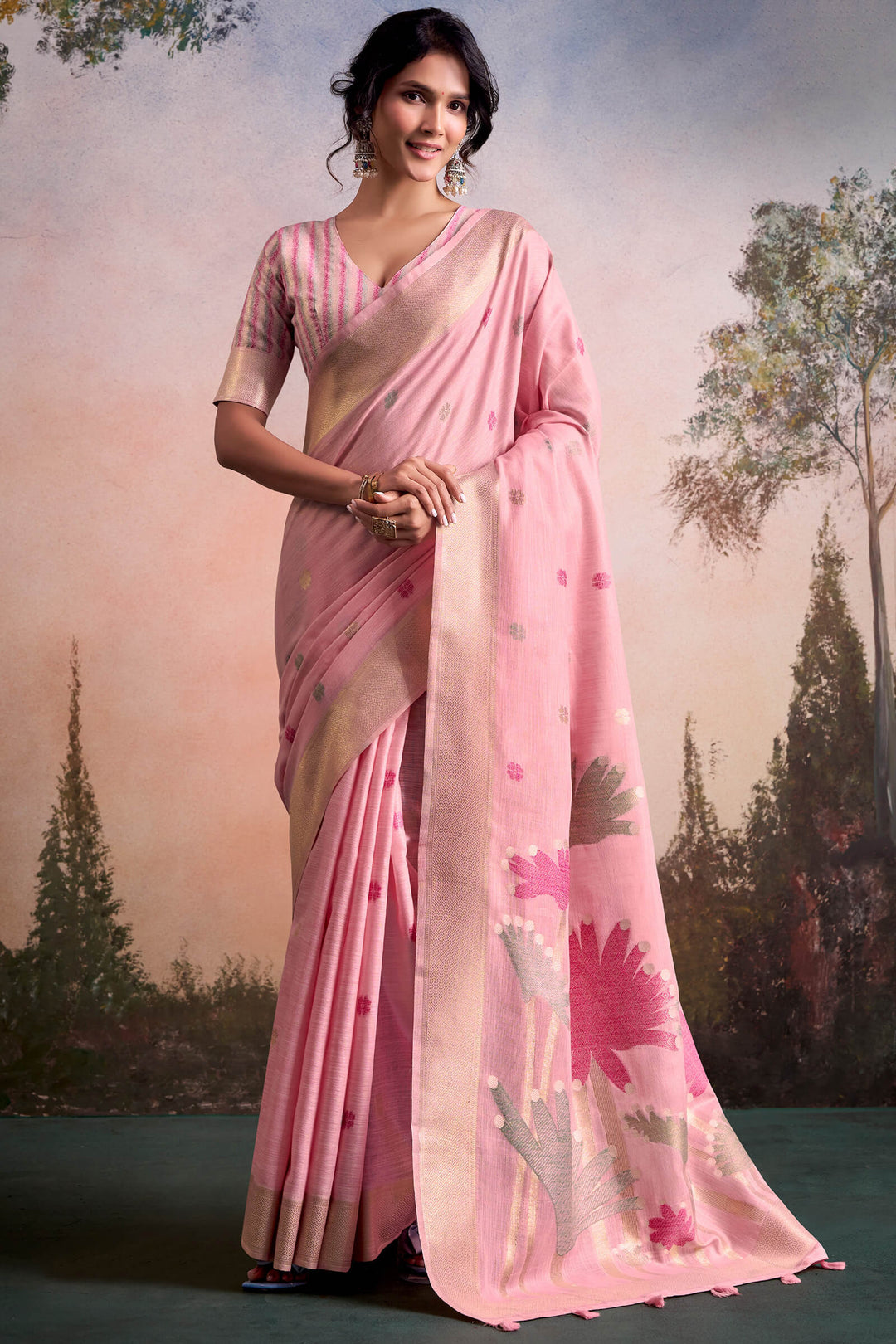 Faded Pink Linen Silk Saree