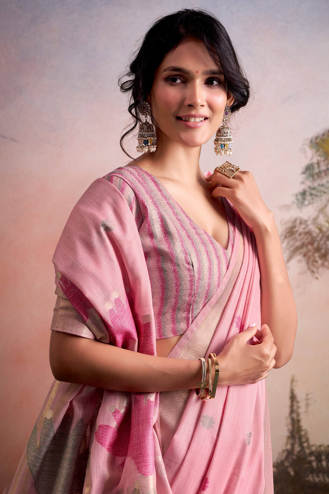 Faded Pink Linen Silk Saree