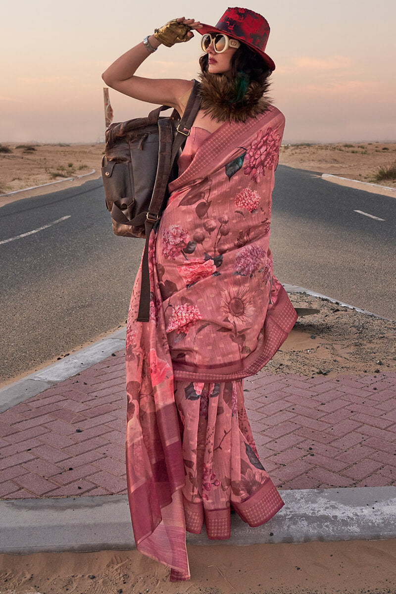 Faded Pink Printed Linen silk saree