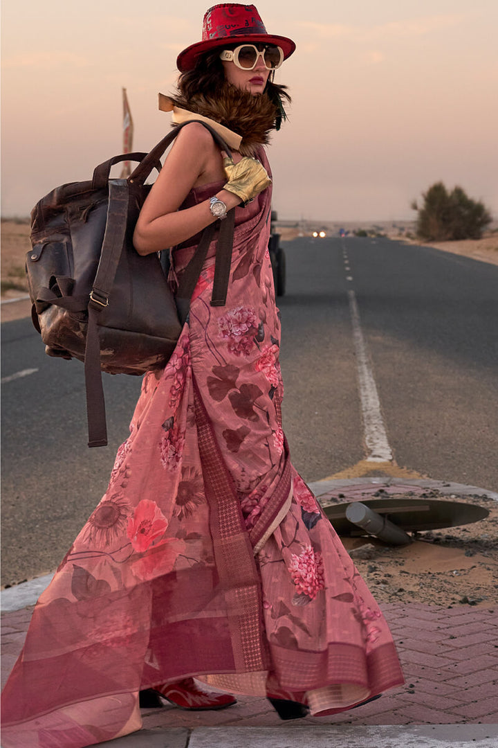 Faded Pink Printed Linen silk saree