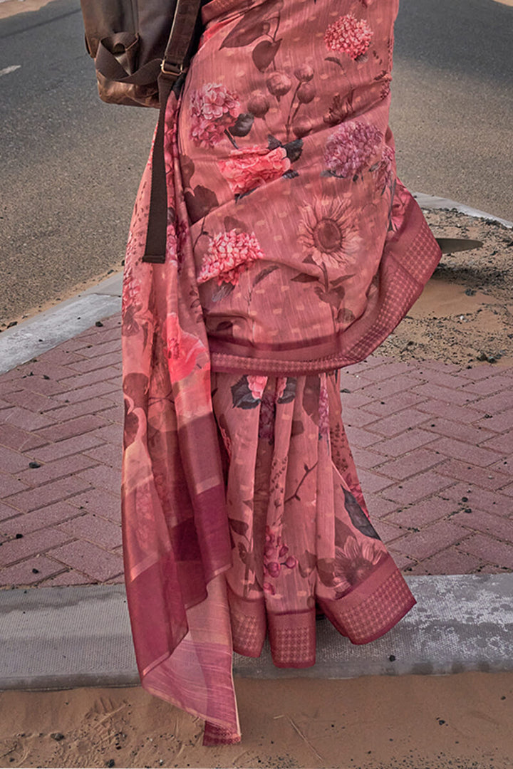 Faded Pink Printed Linen silk saree