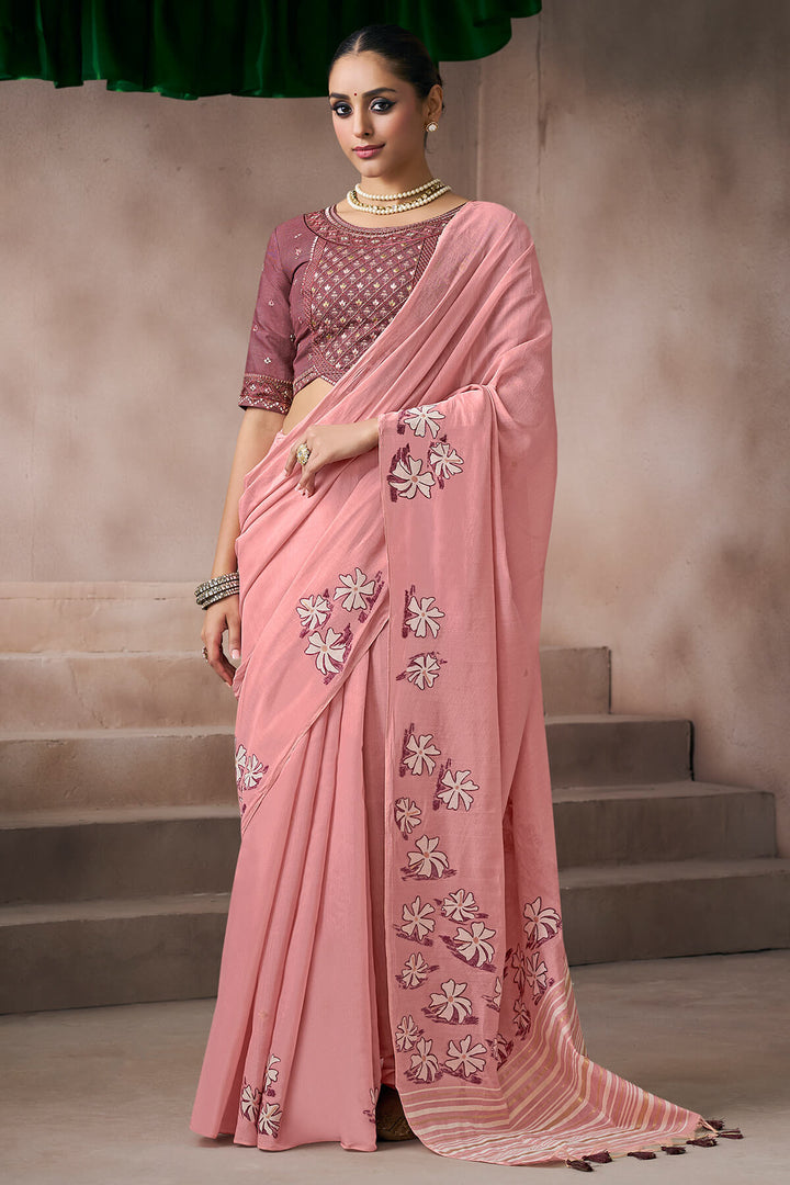 Faded Pink Viscose Cotton Silk Saree with Embroidery Blouse