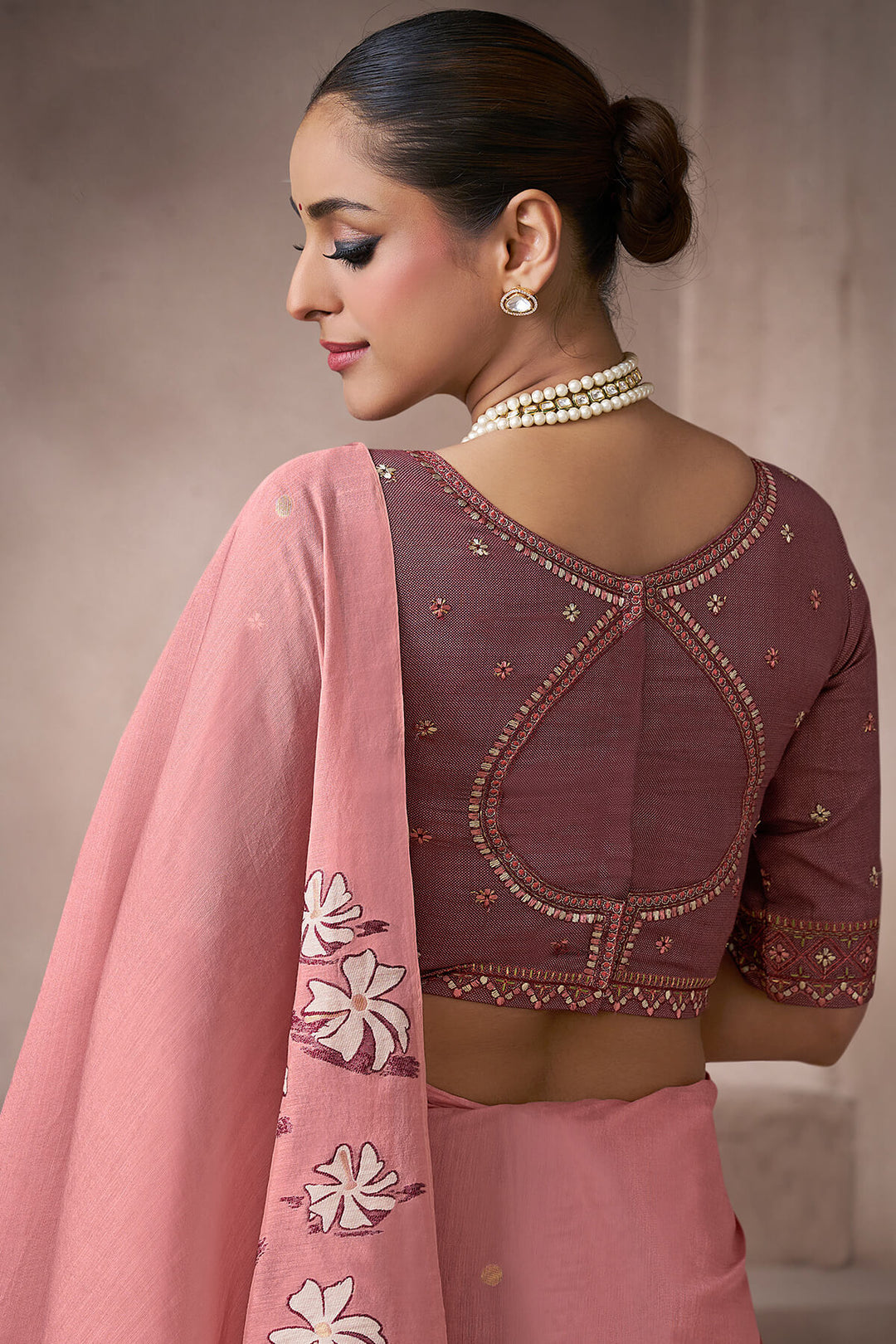 Faded Pink Viscose Cotton Silk Saree with Embroidery Blouse