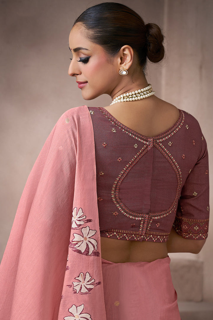 Faded Pink Viscose Cotton Silk Saree with Embroidery Blouse