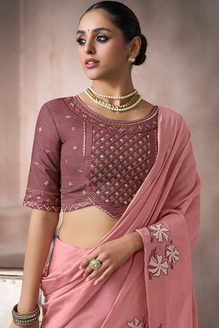 Faded Pink Viscose Cotton Silk Saree with Embroidery Blouse