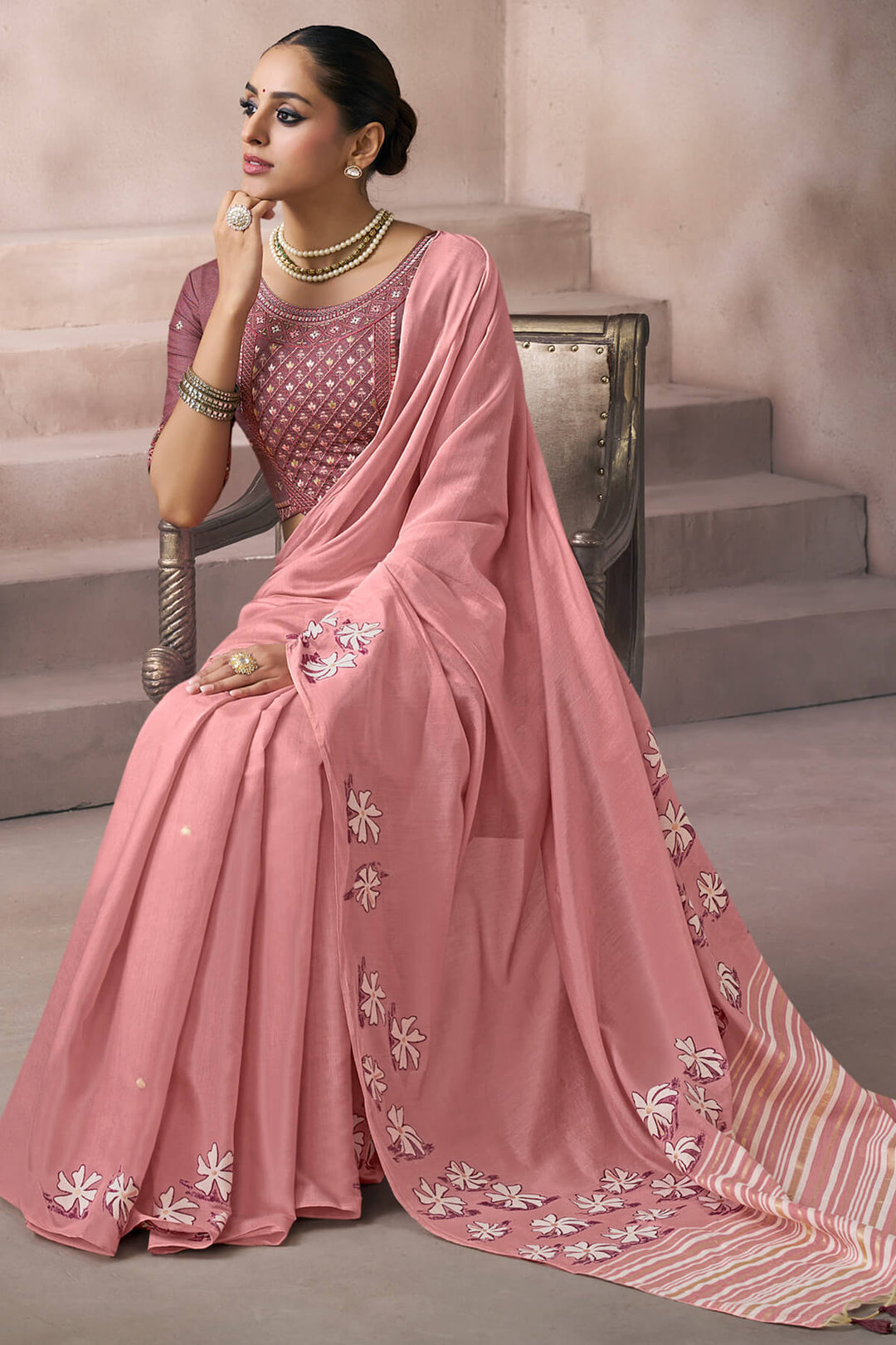 Faded Pink Viscose Cotton Silk Saree with Embroidery Blouse