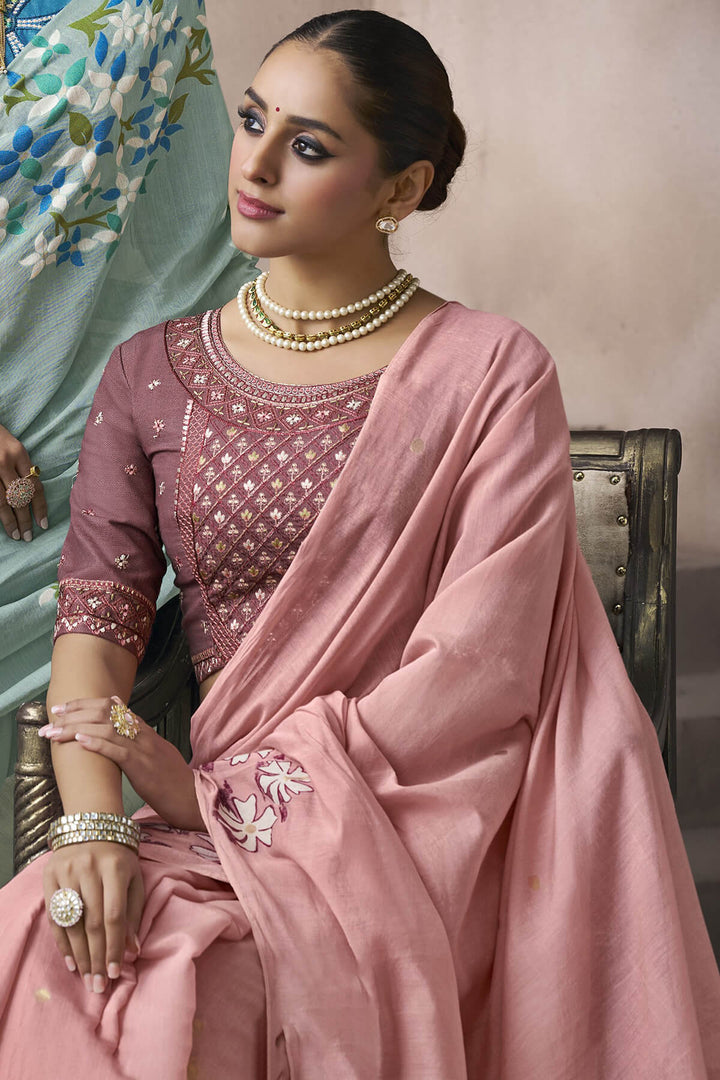 Faded Pink Viscose Cotton Silk Saree with Embroidery Blouse