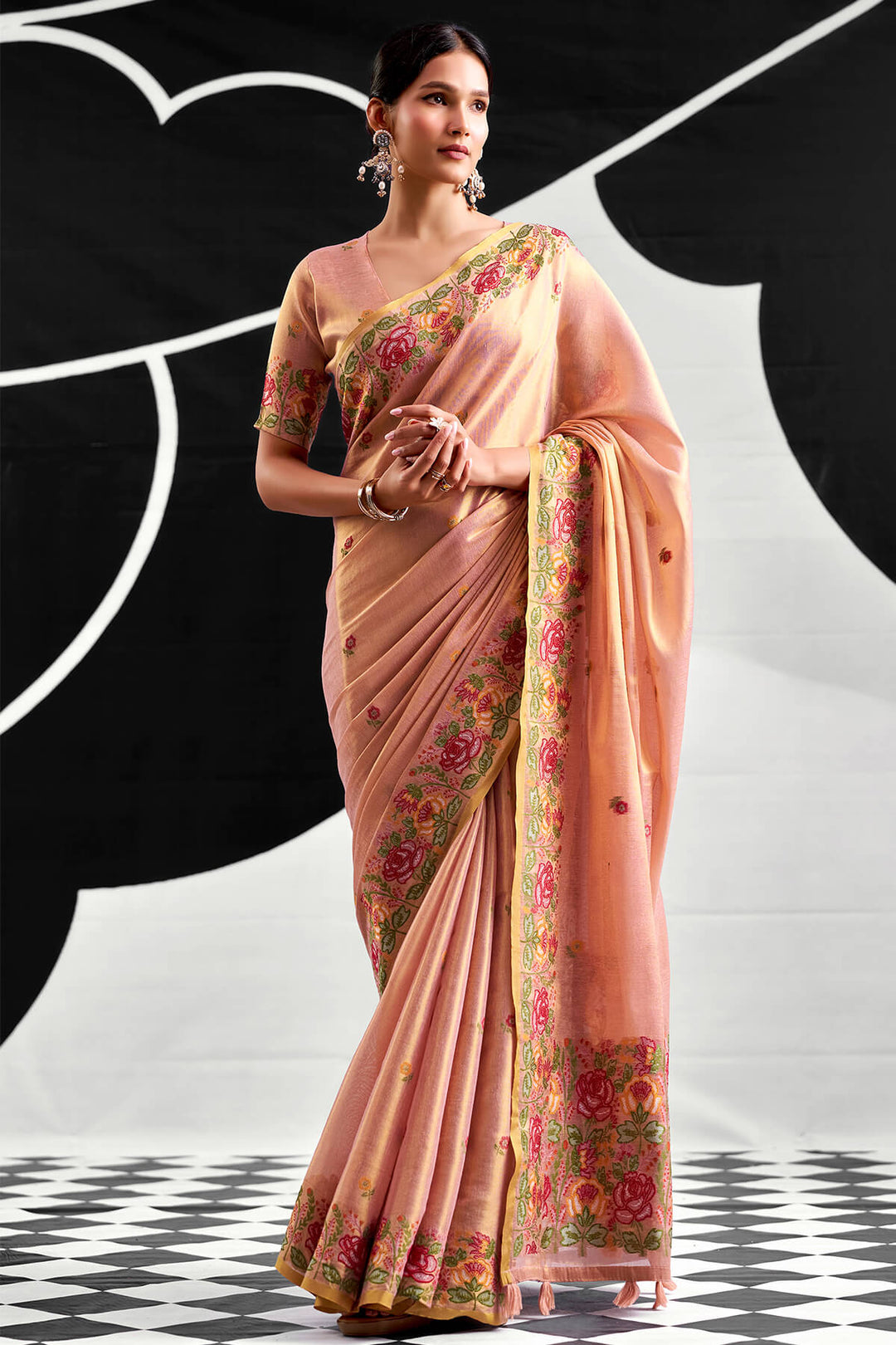 Faded Pink Zari Woven Banarasi Tissue Silk Saree