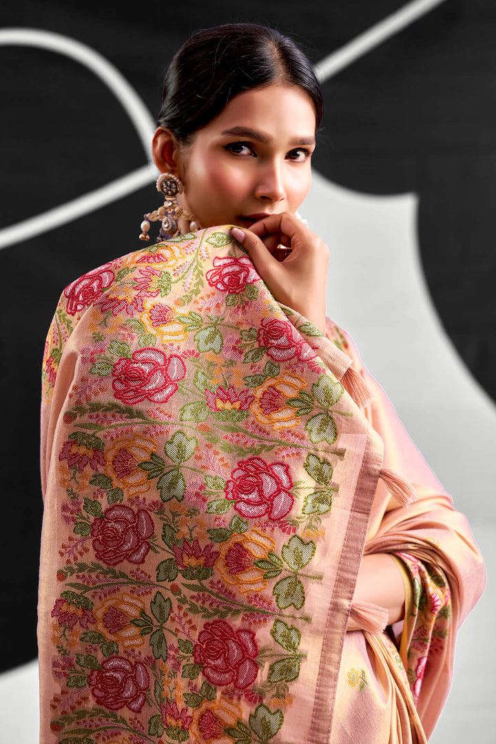 Faded Pink Zari Woven Banarasi Tissue Silk Saree