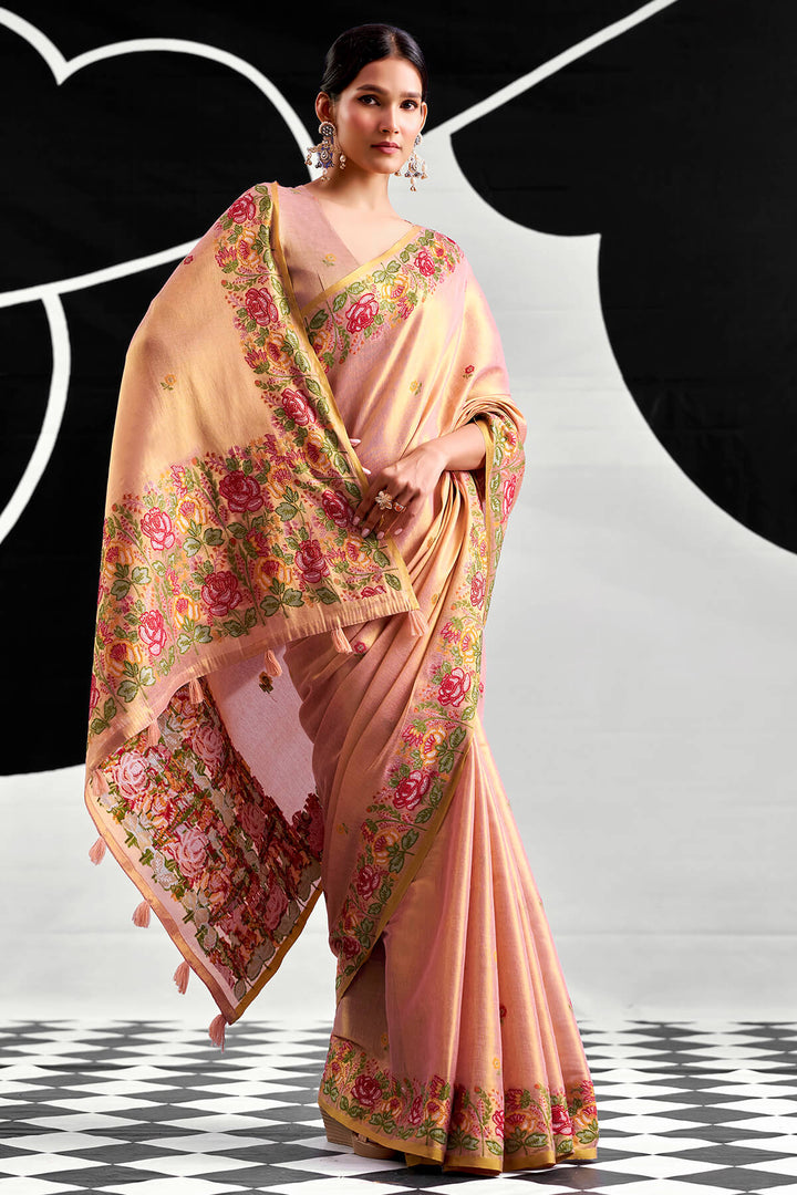 Faded Pink Zari Woven Banarasi Tissue Silk Saree