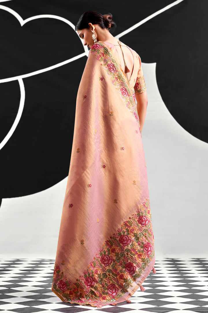 Faded Pink Zari Woven Banarasi Tissue Silk Saree