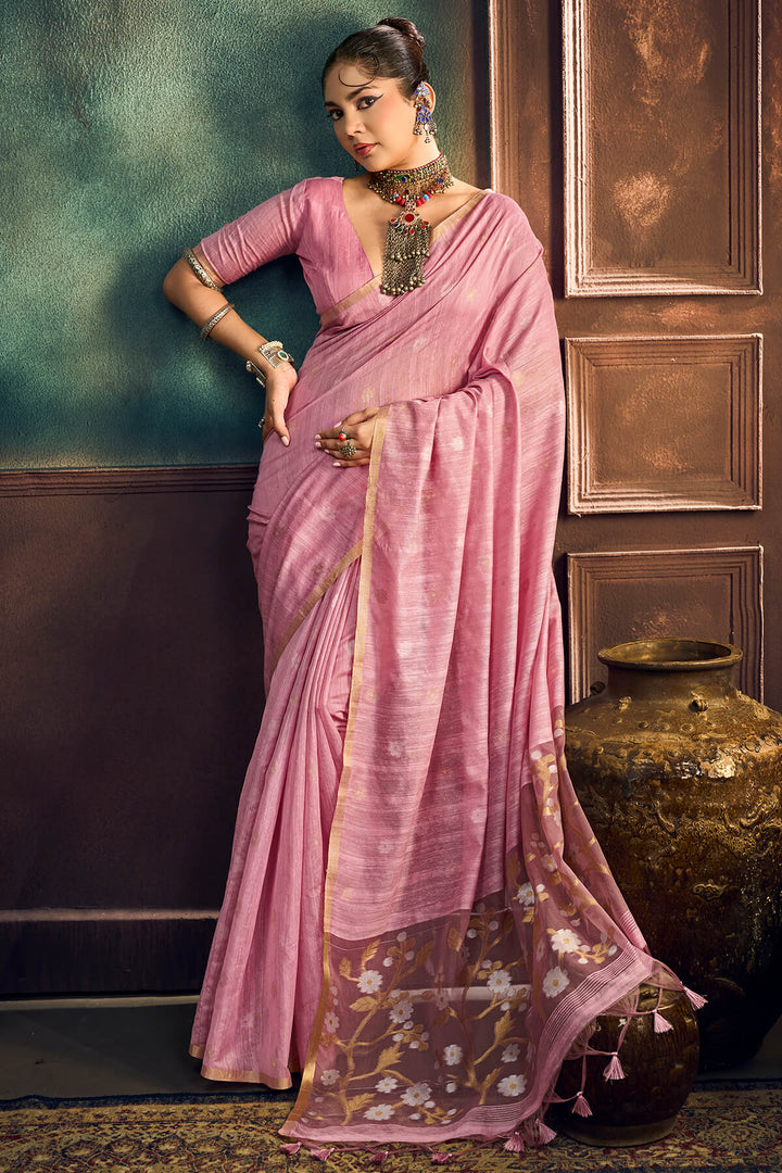 Faded Pink Zari Woven Munga Cotton Saree