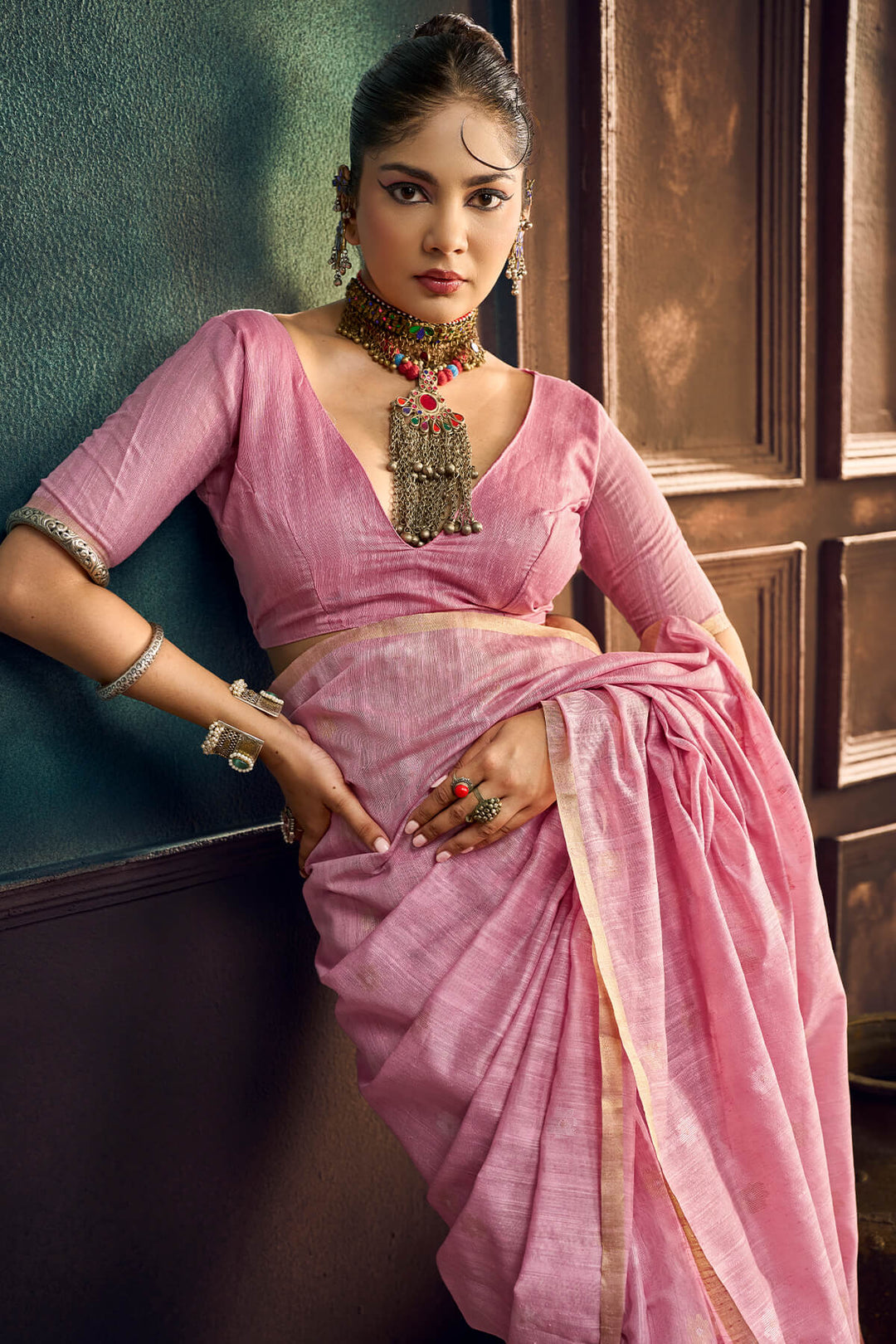 Faded Pink Zari Woven Munga Cotton Saree