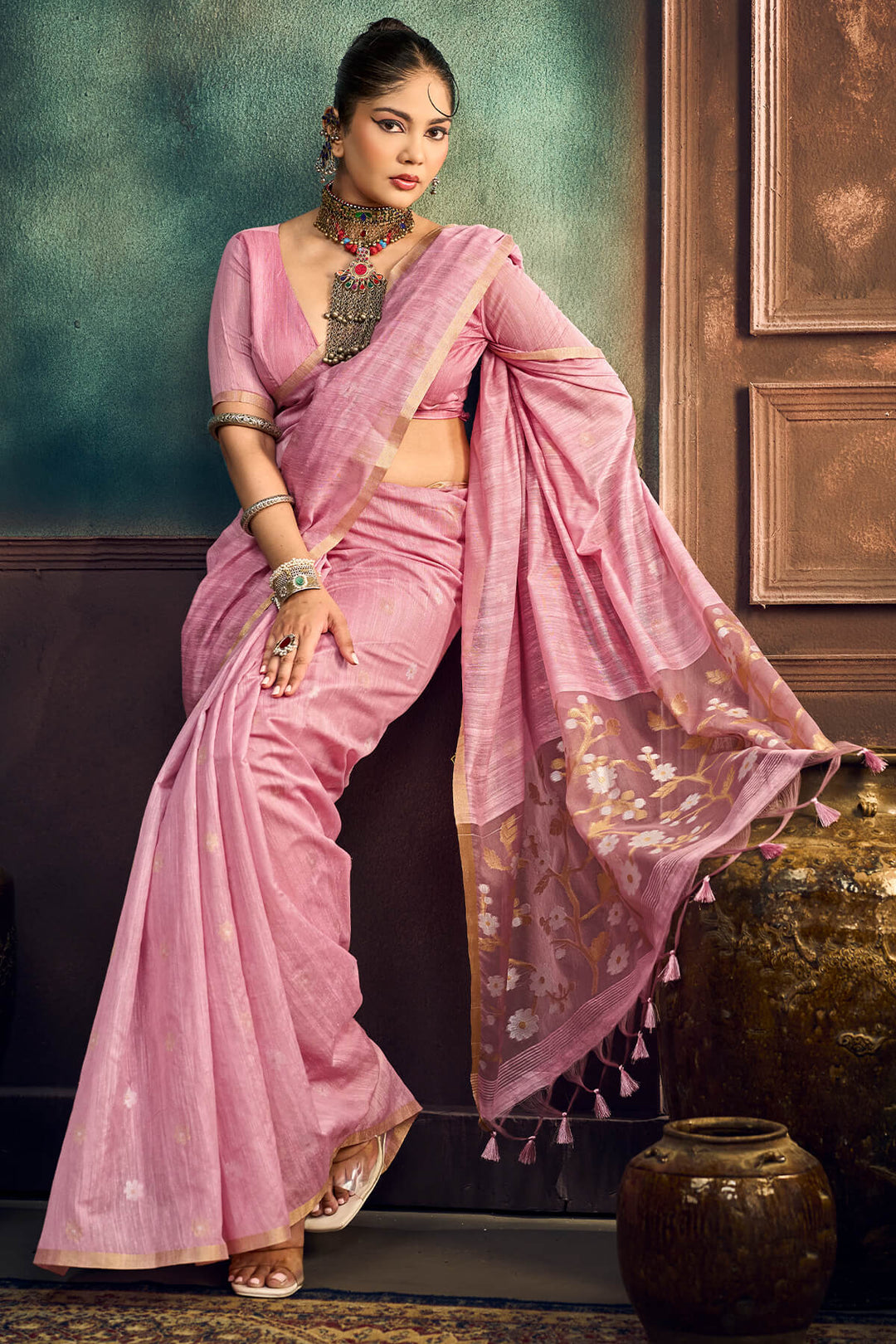 Faded Pink Zari Woven Munga Cotton Saree
