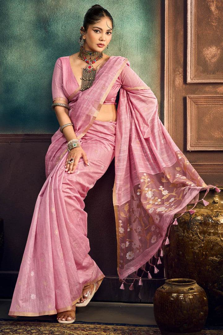 Faded Pink Zari Woven Munga Cotton Saree