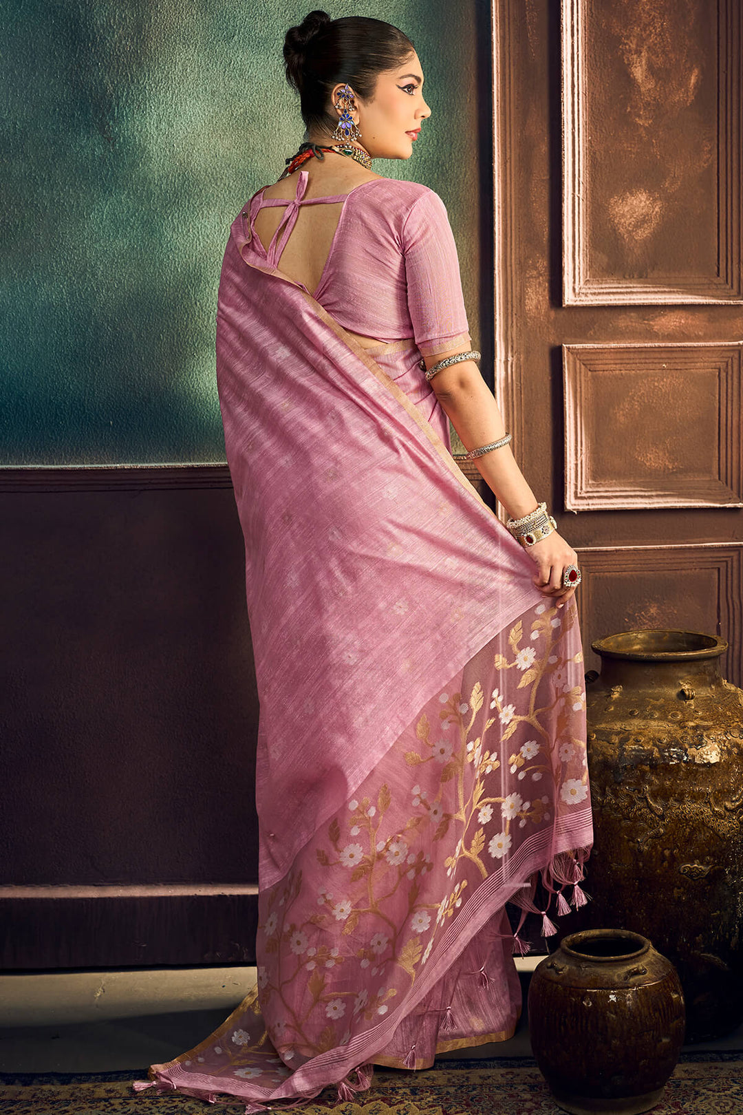 Faded Pink Zari Woven Munga Cotton Saree