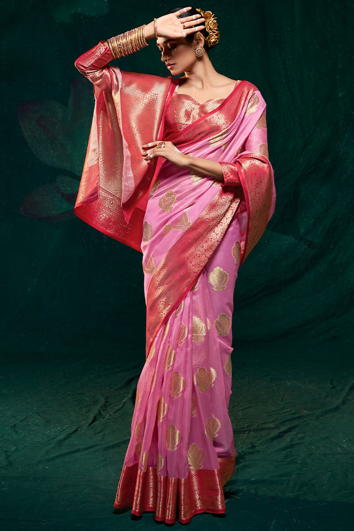 Faded Pink Zari Woven Organza Silk Saree