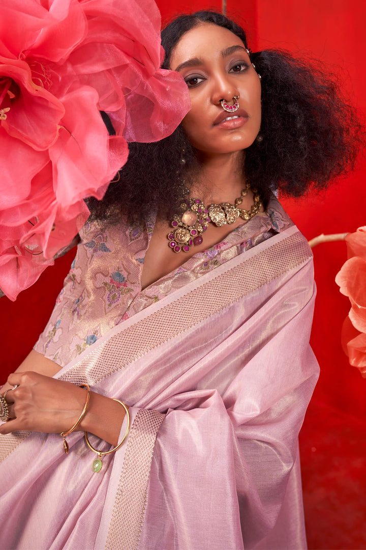 Faded Pink Zari Woven Pure Tissue Silk Saree