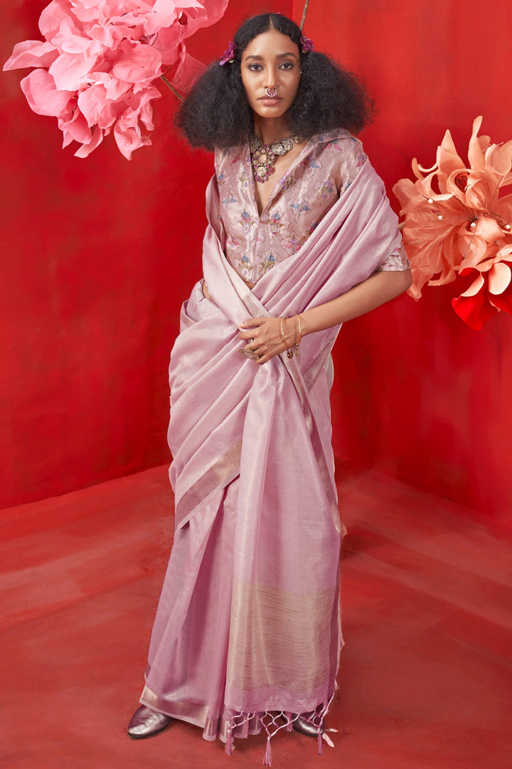 Faded Pink Zari Woven Pure Tissue Silk Saree